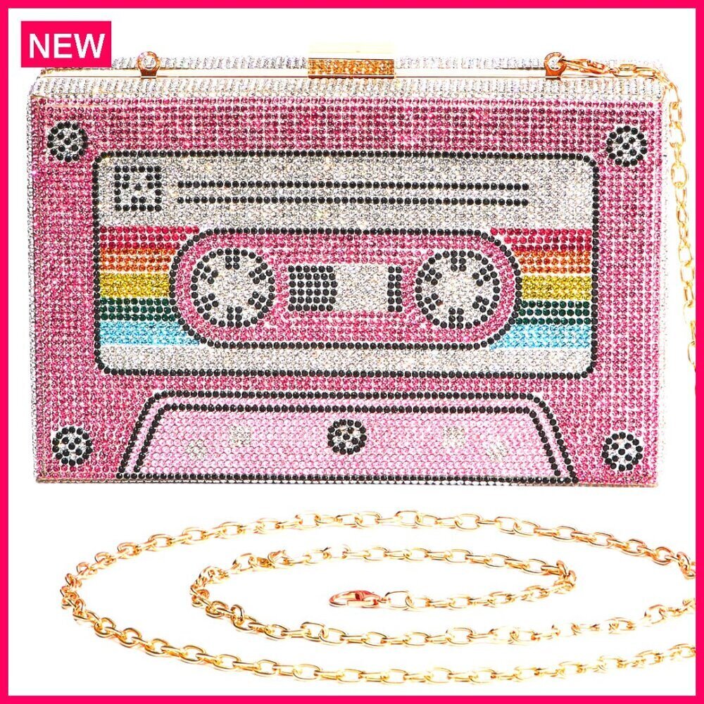Rhinestone Evening Clutch Purse Radio Shape Design Compact 7x4 Inches